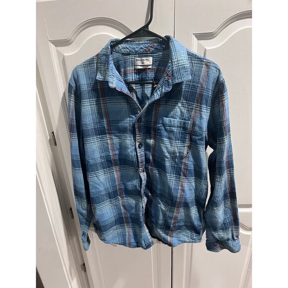 Billabong Men’s Coastline Flannel Shirt Blue Plaid Core Fit Stretch Size L - Picture 1 of 6